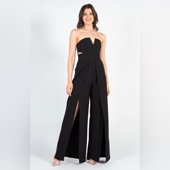 Luxxel Pants - Luxxel Black Haven Strapless Split Wide Leg Jumpsuit with Side Cut Outs Size M
